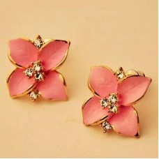 #1058 New elegant noble pink flower gold plated rhinestone earrings
