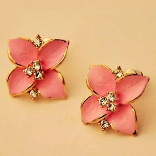 #1058 New elegant noble pink flower gold plated rhinestone earrings