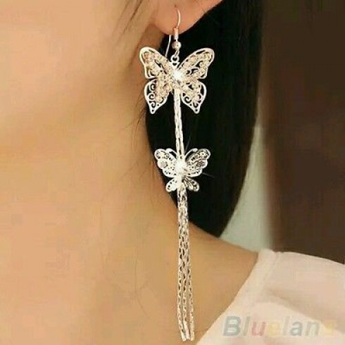 #1072 Women Double Layers Butterfly Long Silver Plated Rhinestone Hook Earrings