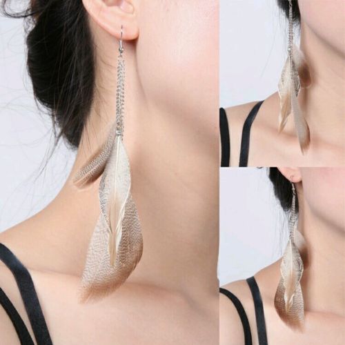 #1088 Summer Style Lady Duck Feather Hair Tassel Earrings Womens Dangle Earrings