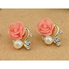 #1094 New Style Korean Women Pink Rose Imitation Pearl Crystal Earrings