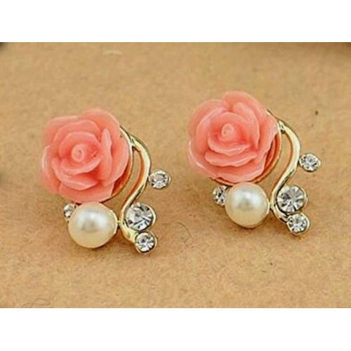 #1094 New Style Korean Women Pink Rose Imitation Pearl Crystal Earrings
