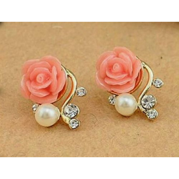 #1094 New Style Korean Women Pink Rose Imitation Pearl Crystal Earrings #1094 New Style Korean Women Pink Rose Imitation Pearl Crystal Earrings