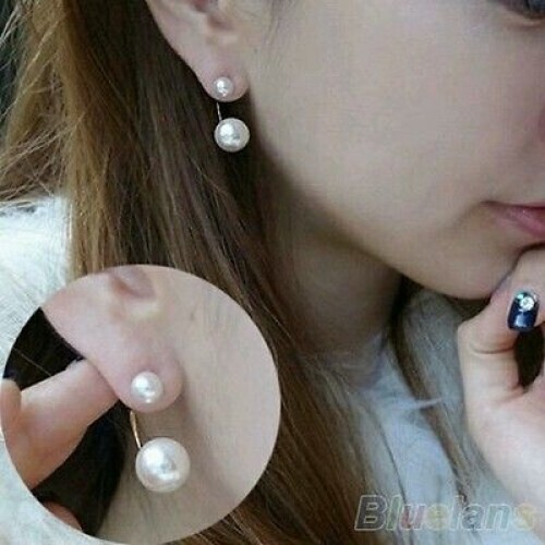 #1097 Girl's Sweet Lovely Imitation Double Pearl Rhinestones Earrings