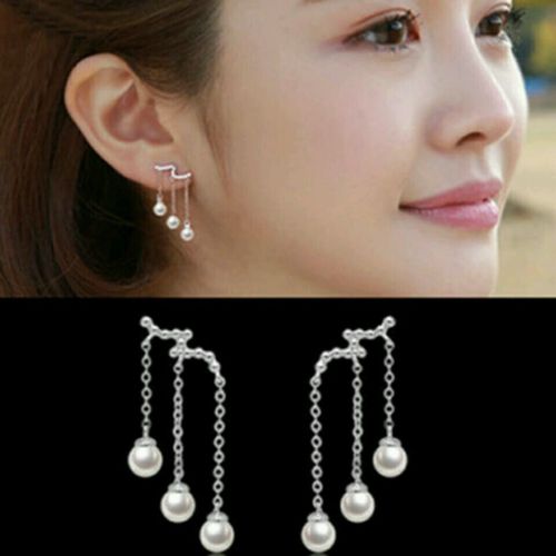 #1100 Silver plated three long tassel Imitation pearl earrings