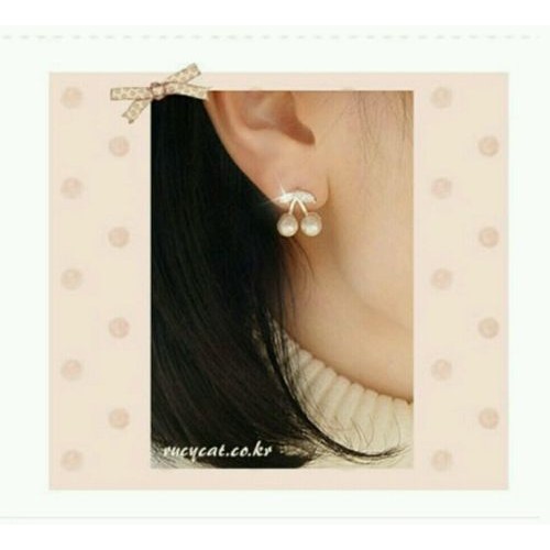 #1103 New fashion cute little silver cherry imitation pearl jewelry earrings