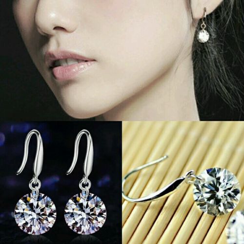 #1106 Women Silver Plated Ear Hook Crystal Dangle Earing 8mm Rhinestone Earrings