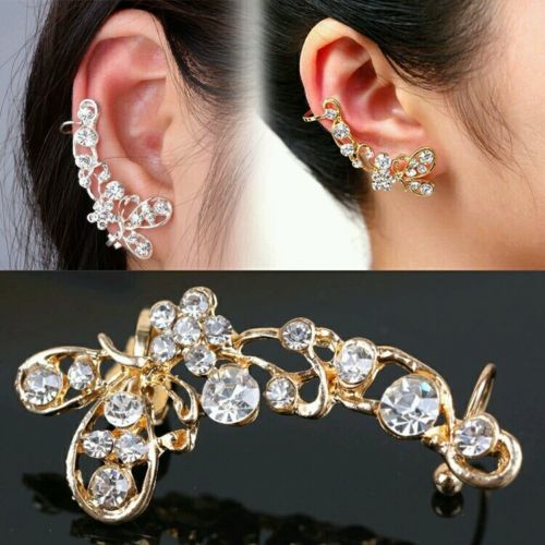 #1114 only right side Chic Crystal Ear Clip Butterfly Flower Gold Ear Cuff Stud