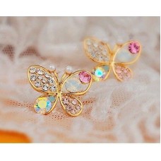 #1123 Korean Luxury Hollow Shiny Colorful cystal Pearl Butterfly Stud Earrings