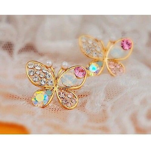 #1123 Korean Luxury Hollow Shiny Colorful cystal Pearl Butterfly Stud Earrings