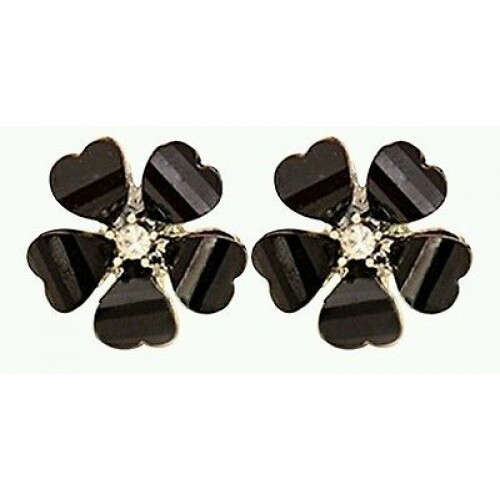 #1125 Fashion Women Petals Black Flower Crystal Rhinestone Ear Stud Earrings