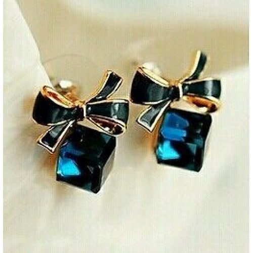 #1128 2016 Shimmer Plated Gold Bow Cubic Crystal Rhinestone Stud Earrings