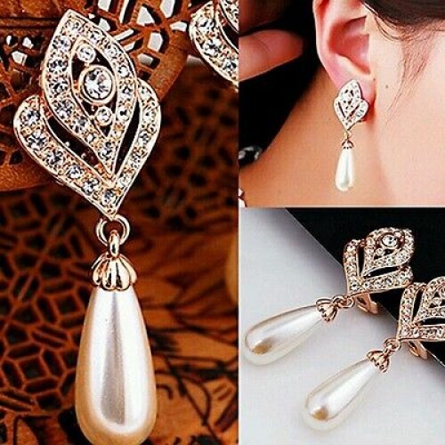 #1133 Women's Elegant Waterdrop Faux Pearls Rhinestone Dangle Charm Earrings