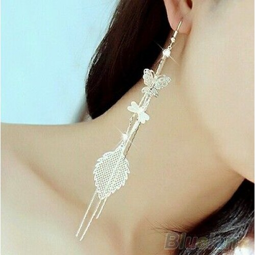 #1134 Women's Butterfly Dragonfly Leaf Drop Long Tassels Silver  Earring