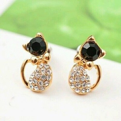 #1136 Hot Sale Women's Cute Cat Black and White Crystal Rhinestones Stud Earring