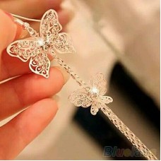 #1140 Women's Double Layers Butterfly Long Gold  Plated Rhinestone Hook Earrings