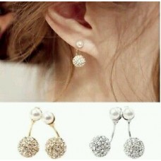 #1148 Double Side Earrings Crystal Ball Silver Plated Simulated Pearl Earrings