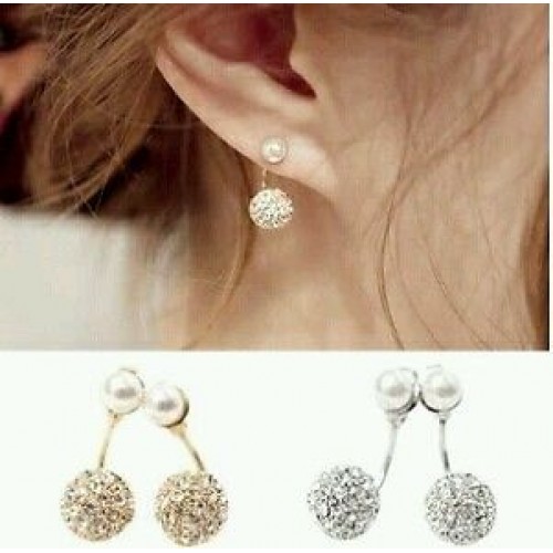 #1148 Double Side Earrings Crystal Ball Silver Plated Simulated Pearl Earrings