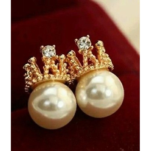 #1149 New 2016 Fashion Alloy Crystal Plated Gold Crown Simulated Pearl Earring