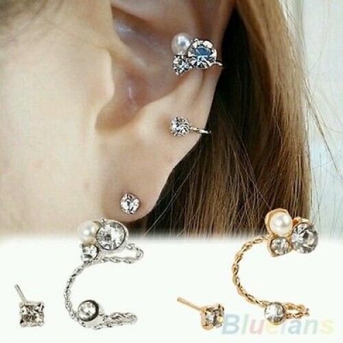 #1154 1 Pc Women Lady's Elegant Pearl Rhinestone Silver Plated  Ear Clip Earring