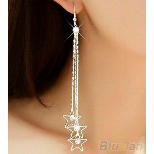 #1156 Women Rhinestone Drop 3  Star Layers Chain Tassels Dangle Long Earrings