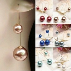 #1157 Women U-Shaped Double Sided Faux Golden  Pearl Ball Drop Dangle Earrings