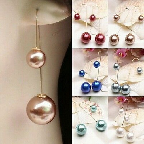 #1157 Women U-Shaped Double Sided Faux Golden  Pearl Ball Drop Dangle Earrings