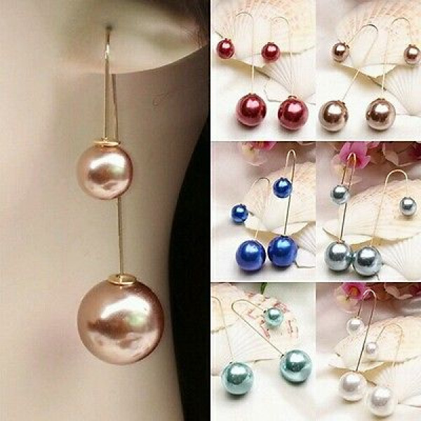 #1157 Women U-Shaped Double Sided Faux Golden  Pearl Ball Drop Dangle Earrings