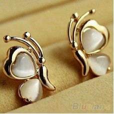 #1172 Butterfly White Cat's Eye Opal Stone Gold Plated Ear Stud Earrings