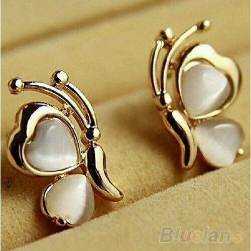 #1172 Butterfly White Cat's Eye Opal Stone Gold Plated Ear Stud Earrings