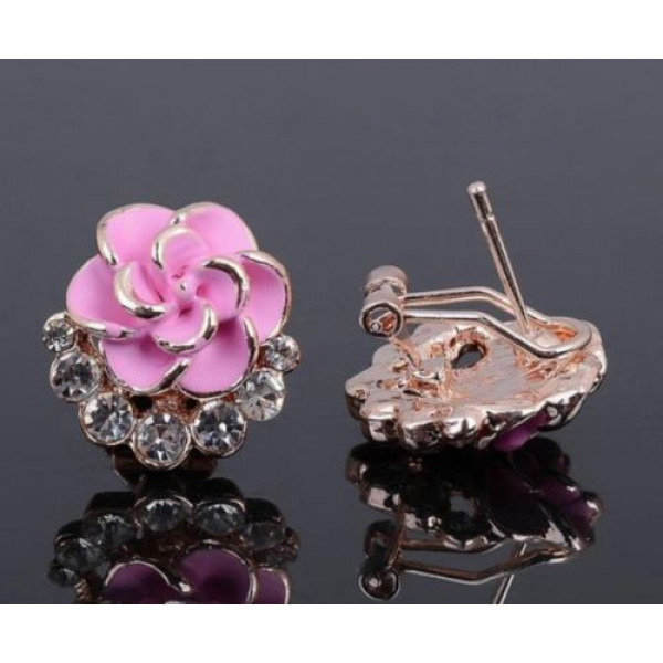 #1181 New Pink Fashion Flower Peony Women Girls Crystal Stud Earring