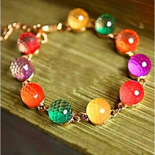 #3007 Women Colorful Candy Beads Golden Tone Crystal Chain Bangle Cuff Bracelet