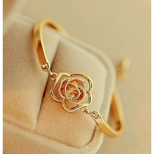 #3009 Women Golden Flower Crystal Rose Bangle Cuff Chain Bracelet