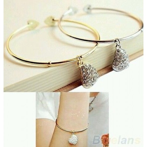 #3021 Women Simple Style Gold Love Heart Rhinestone Pendant Open Bangle Bracelet