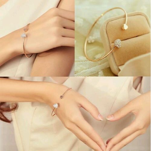 #3023 Trendy Simple Gold Plated Wire Bangle With Double Crystal Hearts Bracelets