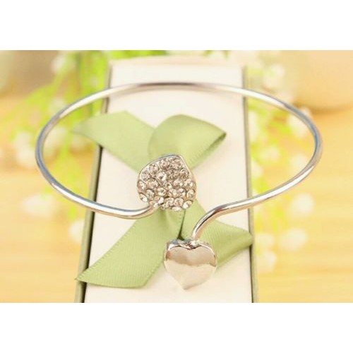 #3042 New Rhinestone Double Peach Heart Opening Silver Bangles Bracelet