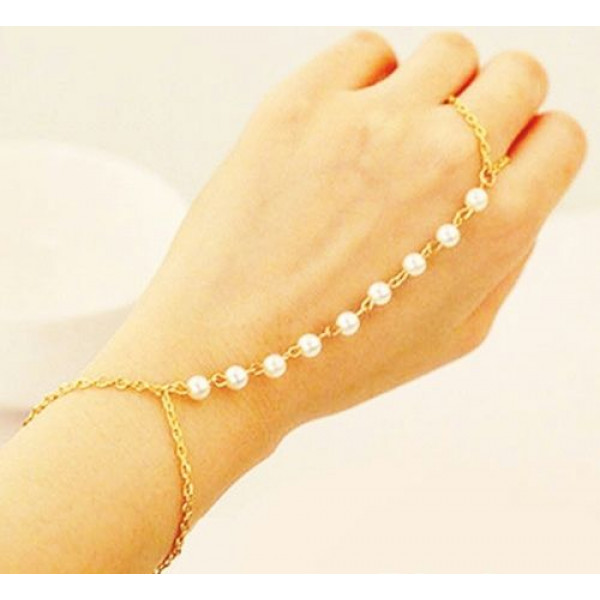 #3046 Women's Pearl Gold Chain Bracelet Bangle with Attached Slave Chain #3046 Women's Pearl Gold Chain Bracelet Bangle with Attached Slave Chain