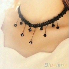 #8006 Women Black Beads Pendant Crystal Bib Chain Jewelry Collar Choker Necklace
