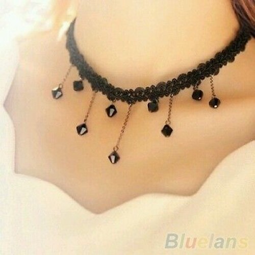 #8006 Women Black Beads Pendant Crystal Bib Chain Jewelry Collar Choker Necklace