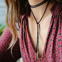 #8007 New Gold Circular Tube Long Wool Black Punk Choker Necklace