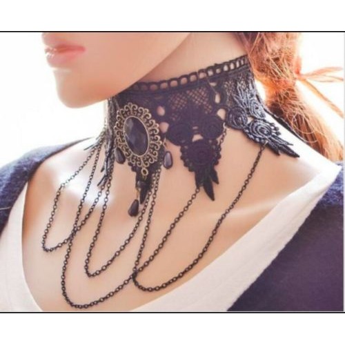 #8020 Fashion Gothic Jewelry Black Lace Short Choker Collar Statement Necklace