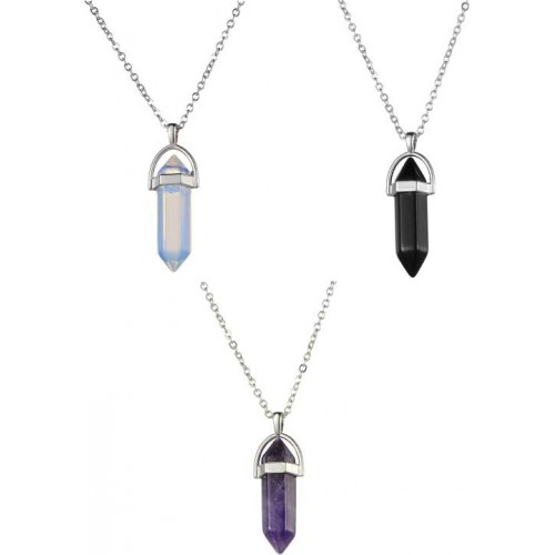 #7097 European and American fashion soul warhead warhead natural stone opal amethyst crystal crystal hexagonal column pendant necklace