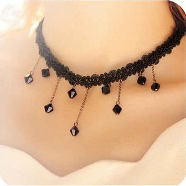#8006 Women Black Beads Pendant Crystal Bib Chain Jewelry Collar Choker Necklace #8006 Women Black Beads Pendant Crystal Bib Chain Jewelry Collar Choker Necklace