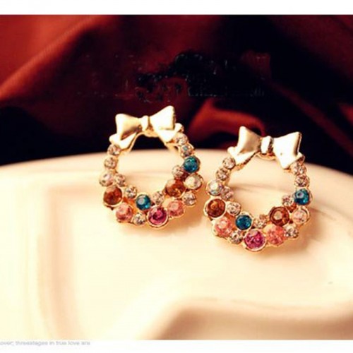 #1117New Fashion Rhinestone Colorful Rhinestone Bow Vintage Stud Earrings