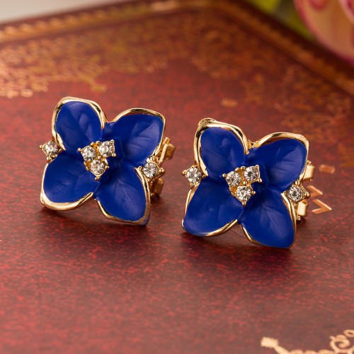 #1055 2016 new elegant noble blue flower gold plated rhinestone earrings