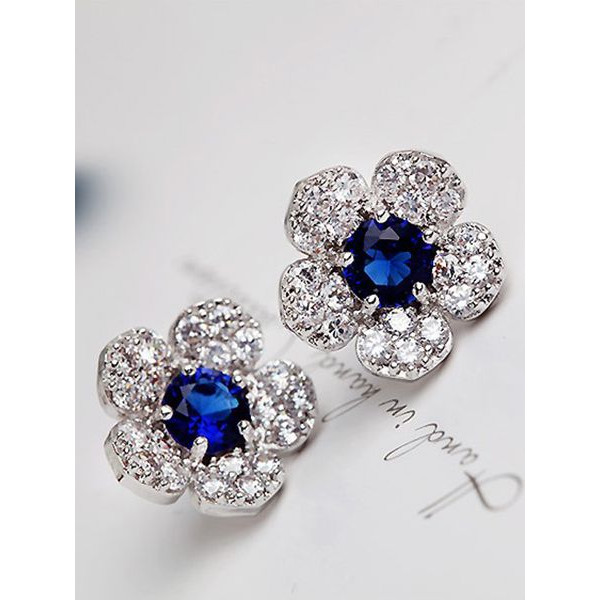 #1071 New fashion personality silver blue crystal flower earrings