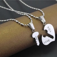 7102 Couple Heart shape Lock Key Pendant with chain for Boys and Gils
