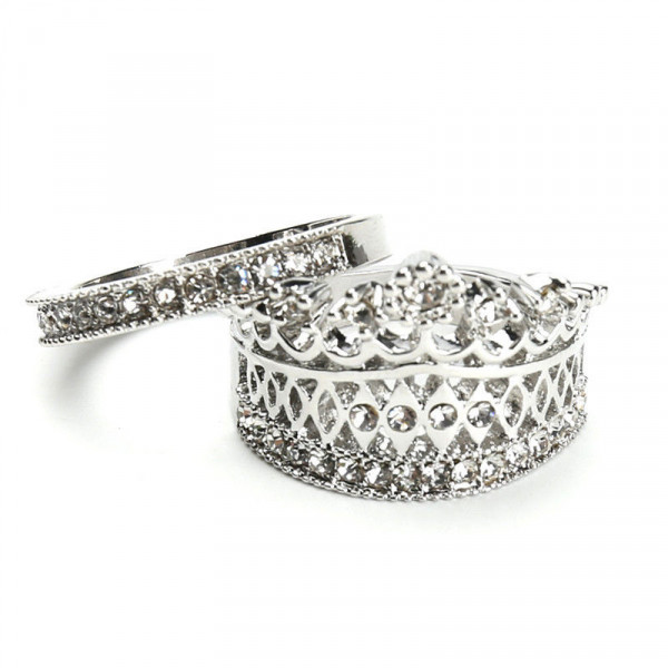 #9006 Women's Fashion Queen Crown Pattern Ring Set Rhinestone Two-piece Rings