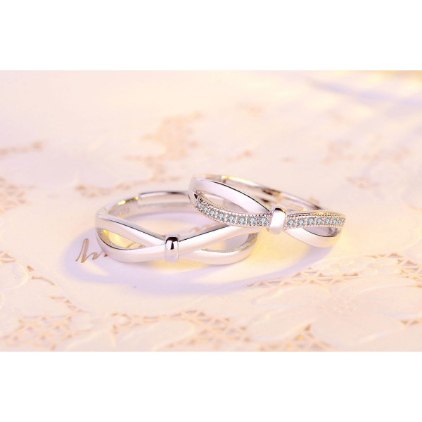 9347  Sterling Silver Couple Rings, Adjustable Style bowknot Promise Ring Set for Him and Her