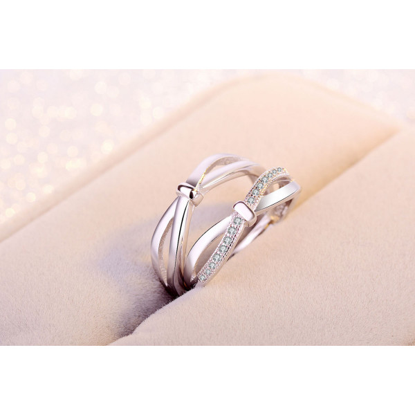 9347  Sterling Silver Couple Rings, Adjustable Style bowknot Promise Ring Set for Him and Her